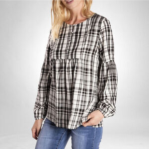 LOFT XS Black and White Plaid Balloon Sleeve Peasant Blouse